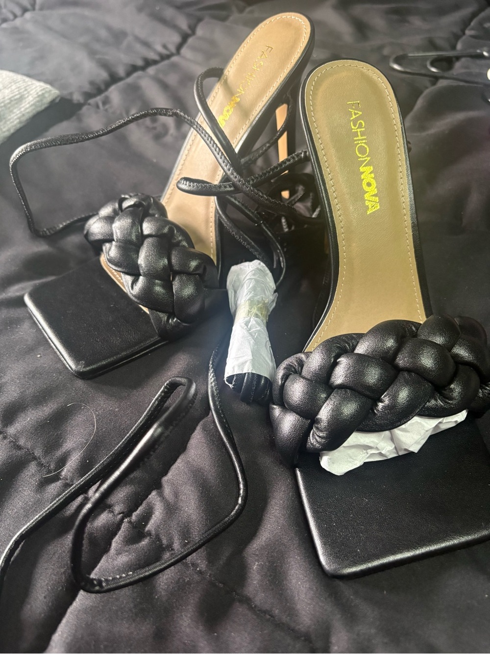 Fashion Nova Black Braided Strap Lace-Up Heels